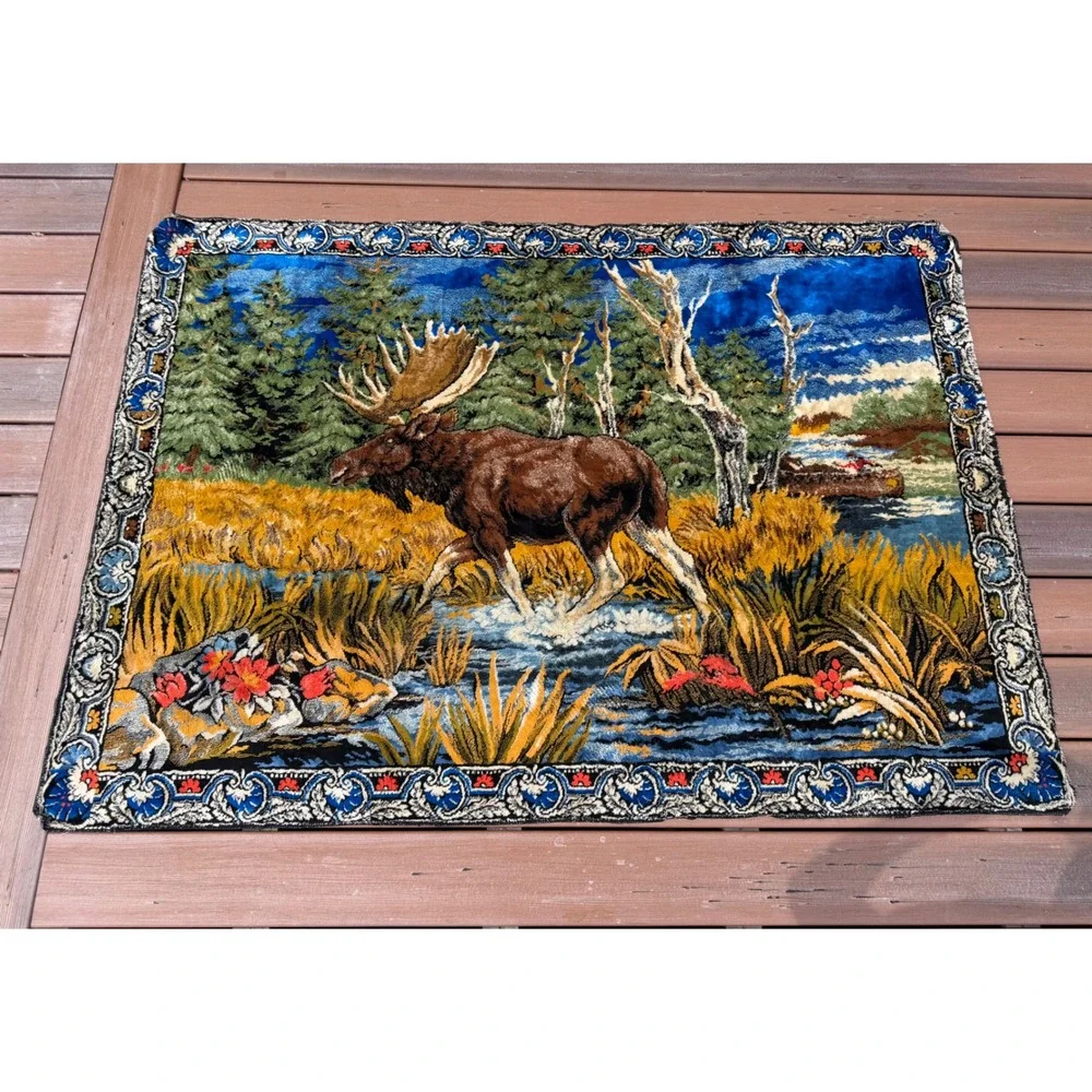 Vintage  Moose Tapestry Wall Hanging Scenic Wildlife Cabin Lodge Deco 68x47
